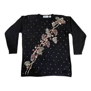 Vintage Sequined 80s 90s Celina Yang Beaded Womens Large Black Sweater